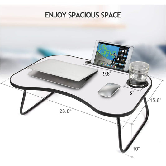 Portable Laptop Desk, Gray And White Matte Metal And Wood Construction, Foldable Design With Cup Holder, 26.5 X 18.5 Inches, For Bed, Car, Couch, Home & Outdoor Use (Grey+White Matte)