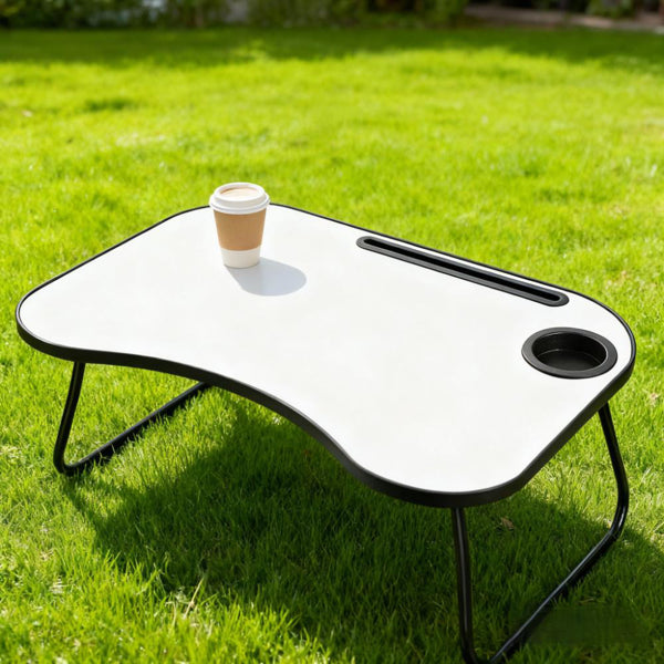 Portable Laptop Desk, Gray And White Matte Metal And Wood Construction, Foldable Design With Cup Holder, 26.5 X 18.5 Inches, For Bed, Car, Couch, Home & Outdoor Use (Grey+White Matte)