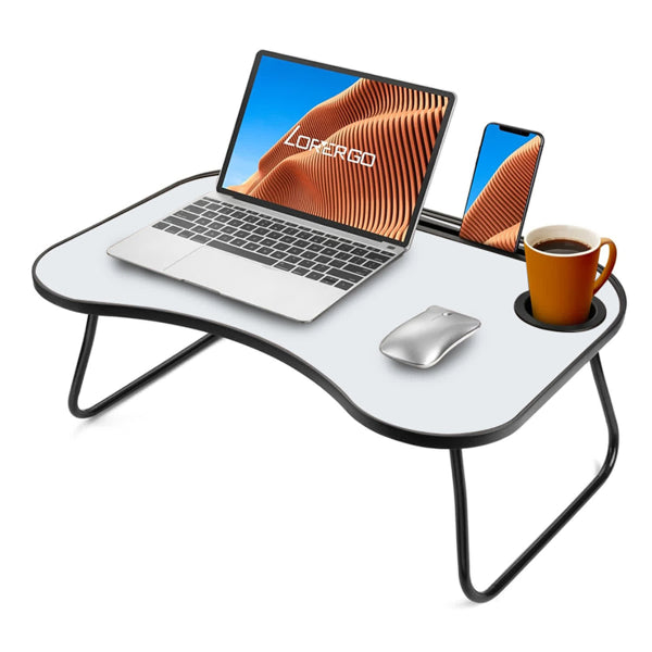 Portable Laptop Desk, Gray And White Matte Metal And Wood Construction, Foldable Design With Cup Holder, 26.5 X 18.5 Inches, For Bed, Car, Couch, Home & Outdoor Use (Grey+White Matte)